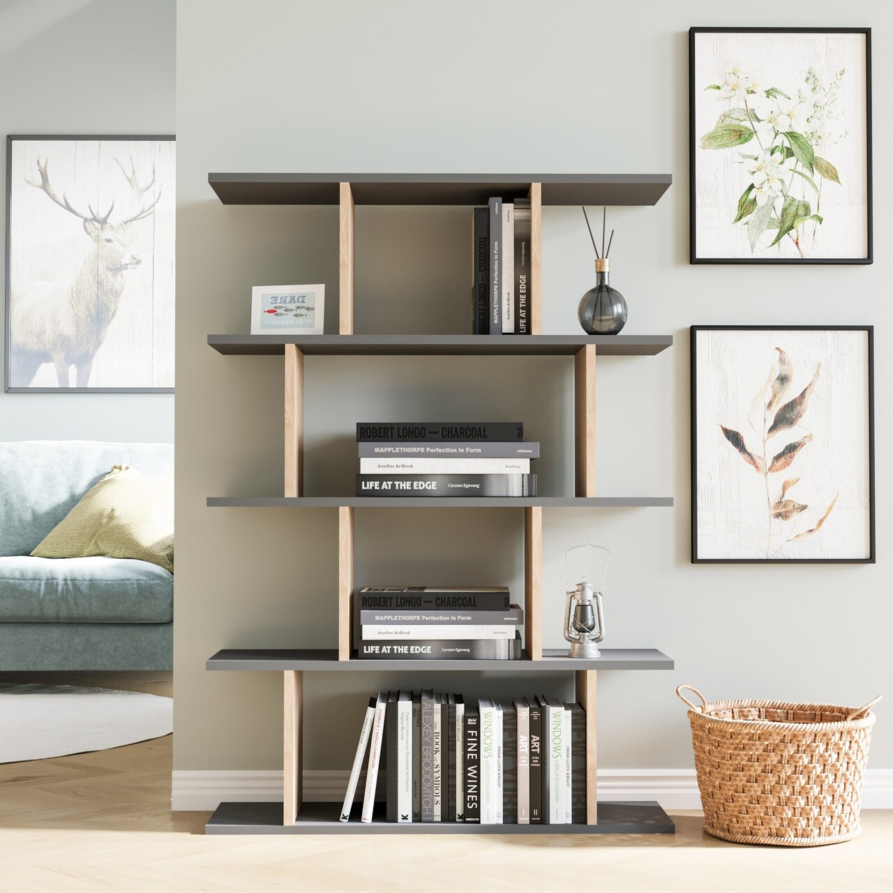 Corp biblioteca, Hanah Home, Harmon, 90x25x127.4 cm, Antracit / Stejar - imagine 3